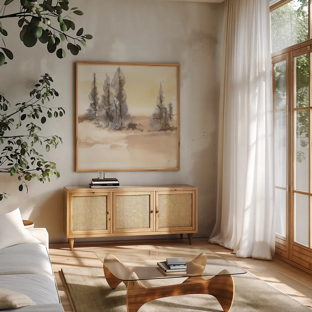 Neutral Treescape I by Chris Paschke. Shown in a natural wood frame in a cozy modern living room. Available as an archival giclee rolled canvas, fine art paper, or poster print. SKU 89503a.