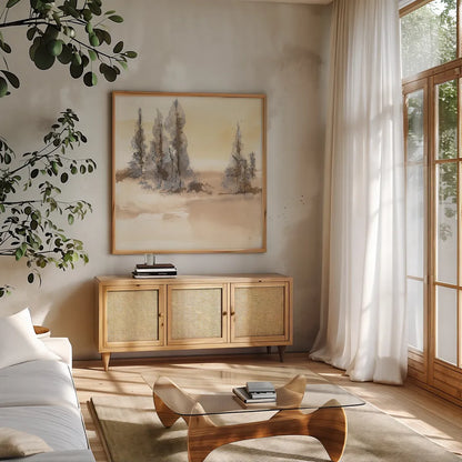 Neutral Treescape I by Chris Paschke. Shown in a natural wood frame in a cozy modern living room. Available as an archival giclee rolled canvas, fine art paper, or poster print. SKU 89503a.