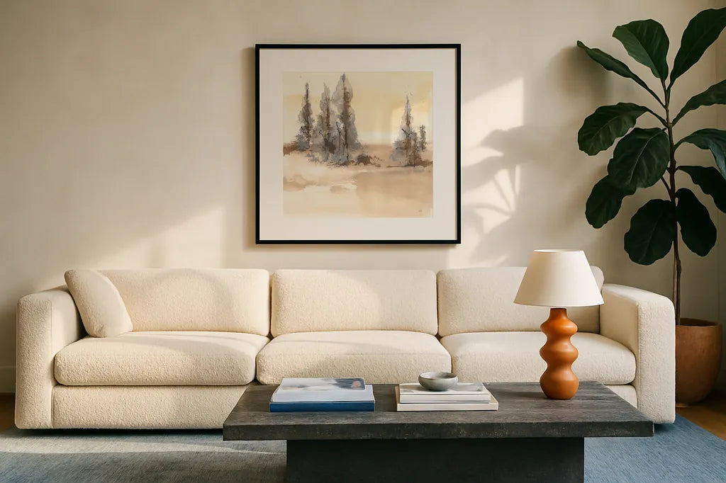 Neutral Treescape I by Chris Paschke. Displayed in a glass frame with matte in a clean modern living room. Available as an archival giclee rolled canvas, fine art paper, or poster print. SKU 89503a.