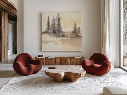 Neutral Treescape I by Chris Paschke. Shown as extra-large giant wall art in a modern living room. Available as an archival giclee rolled canvas, fine art paper, or poster print. SKU 89503a.