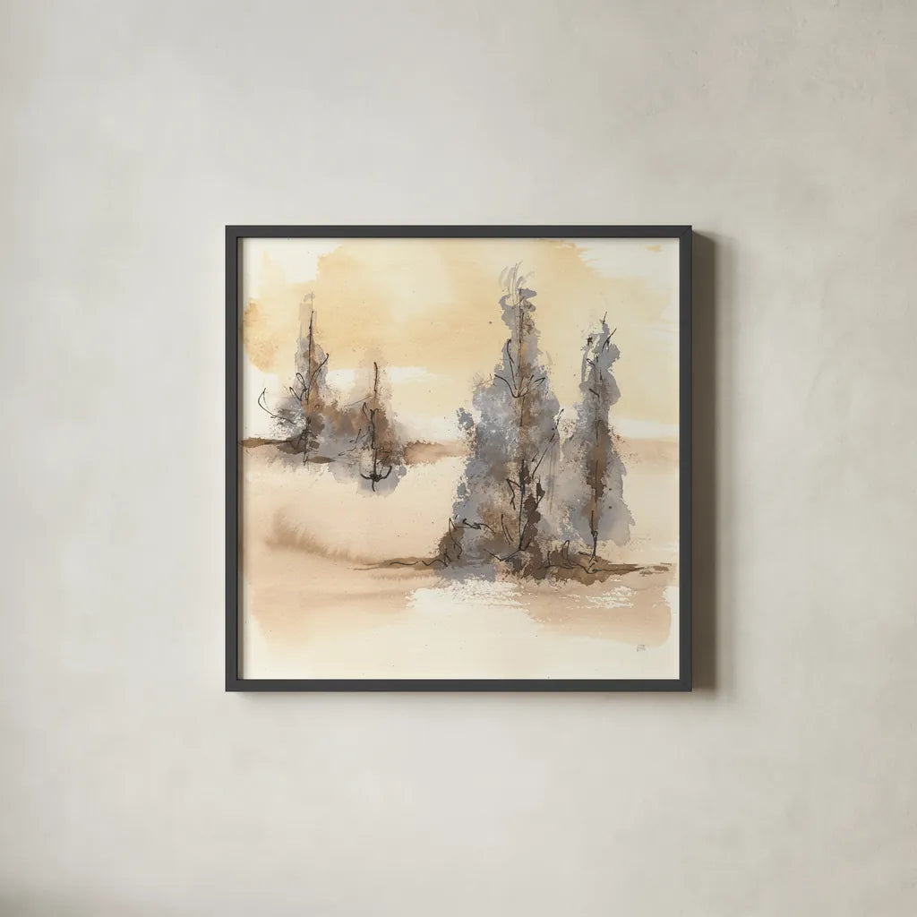Neutral Treescape II by Chris Paschke. Shown in a sleek black glass frame for a contemporary gallery look. Available as an archival giclee rolled canvas, fine art paper, or poster print. SKU 89504a.