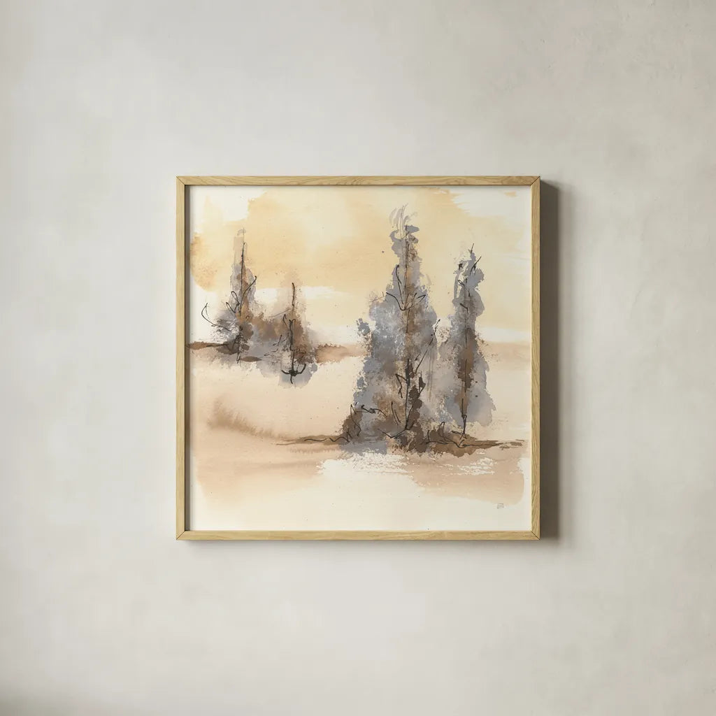 Neutral Treescape II by Chris Paschke. Shown in a natural wood glass frame for a timeless modern aesthetic. Available as an archival giclee rolled canvas, fine art paper, or poster print. SKU 89504a.