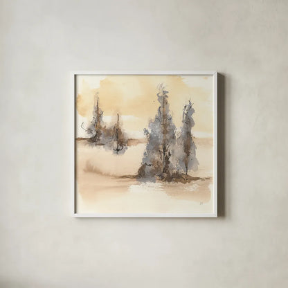 Neutral Treescape II by Chris Paschke. Shown in a crisp white glass frame for a clean and minimalist style. Available as an archival giclee rolled canvas, fine art paper, or poster print. SKU 89504a.