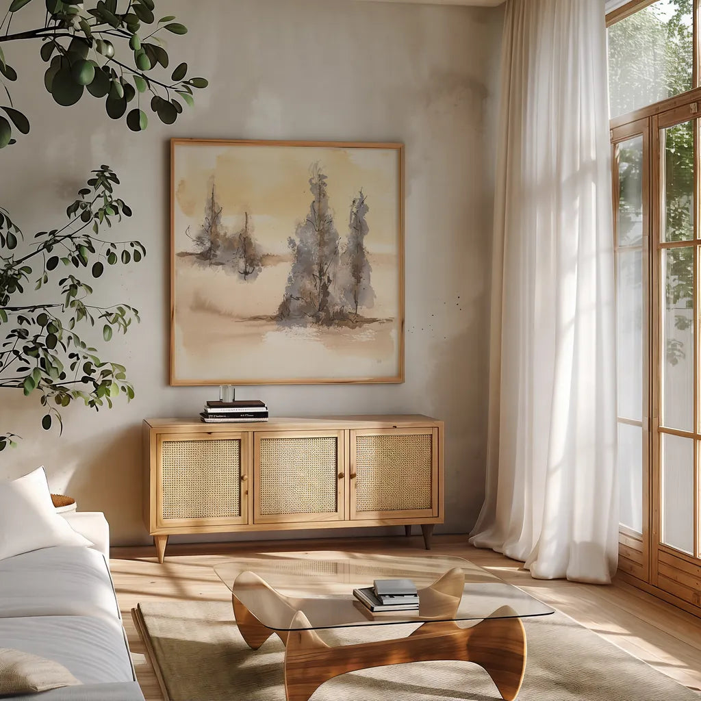 Neutral Treescape II by Chris Paschke. Shown in a natural wood frame in a cozy modern living room. Available as an archival giclee rolled canvas, fine art paper, or poster print. SKU 89504a.