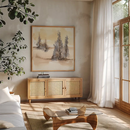 Neutral Treescape II by Chris Paschke. Shown in a natural wood frame in a cozy modern living room. Available as an archival giclee rolled canvas, fine art paper, or poster print. SKU 89504a.