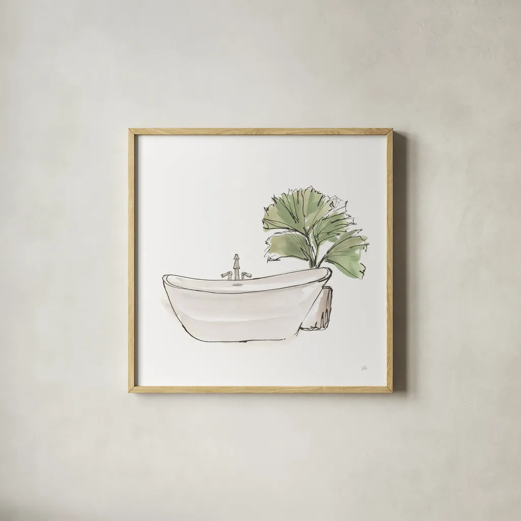 Neutral Tub I by Chris Paschke. Shown in a natural wood glass frame for a timeless modern aesthetic. Available as an archival giclee rolled canvas, fine art paper, or poster print. SKU 66220a.