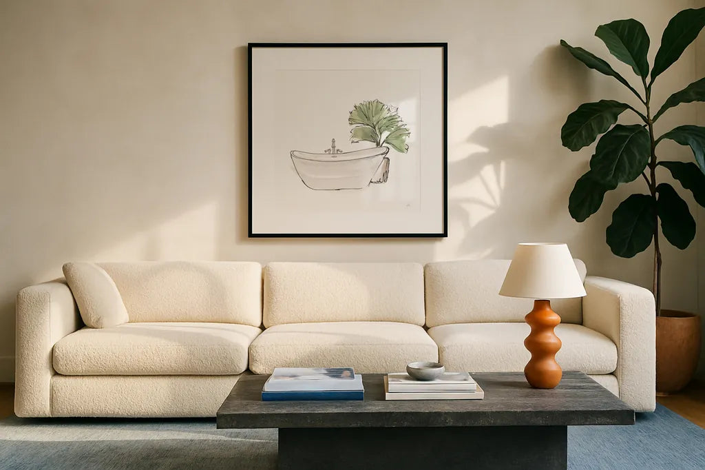 Neutral Tub I by Chris Paschke. Displayed in a glass frame with matte in a clean modern living room. Available as an archival giclee rolled canvas, fine art paper, or poster print. SKU 66220a.