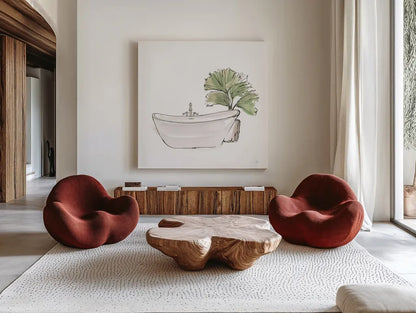 Neutral Tub I by Chris Paschke. Shown as extra-large giant wall art in a modern living room. Available as an archival giclee rolled canvas, fine art paper, or poster print. SKU 66220a.