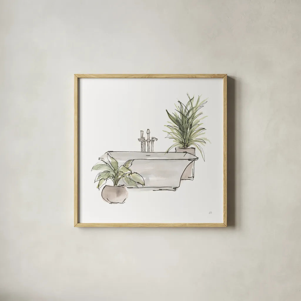 Neutral Tub II by Chris Paschke. Shown in a natural wood glass frame for a timeless modern aesthetic. Available as an archival giclee rolled canvas, fine art paper, or poster print. SKU 66221a.