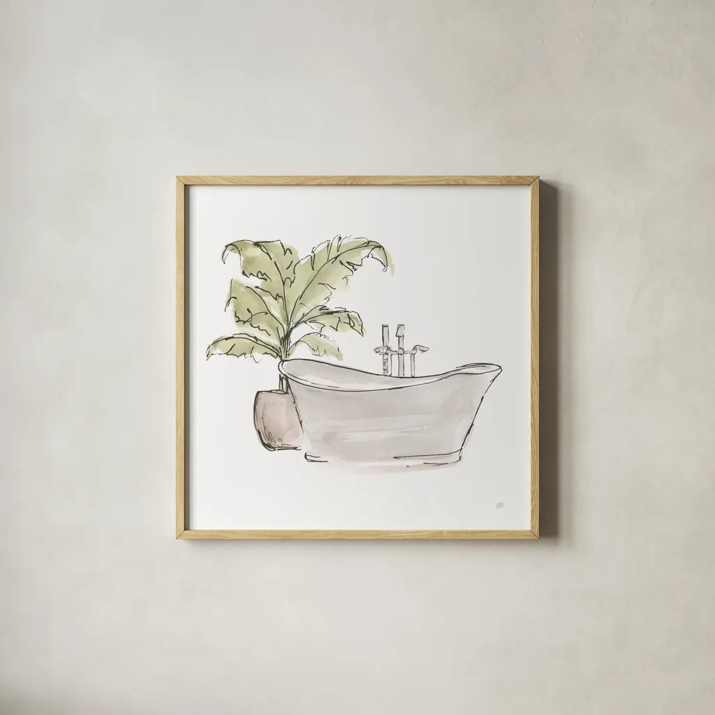 Neutral Tub III by Chris Paschke. Shown in a natural wood glass frame for a timeless modern aesthetic. Available as an archival giclee rolled canvas, fine art paper, or poster print. SKU 66222a.