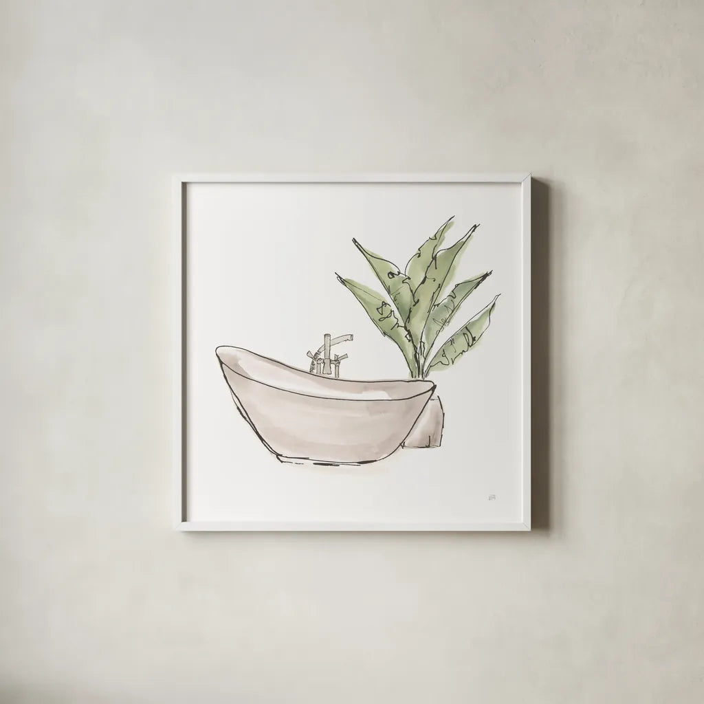 Neutral Tub VI by Chris Paschke. Shown in a crisp white glass frame for a clean and minimalist style. Available as an archival giclee rolled canvas, fine art paper, or poster print. SKU 66225a.
