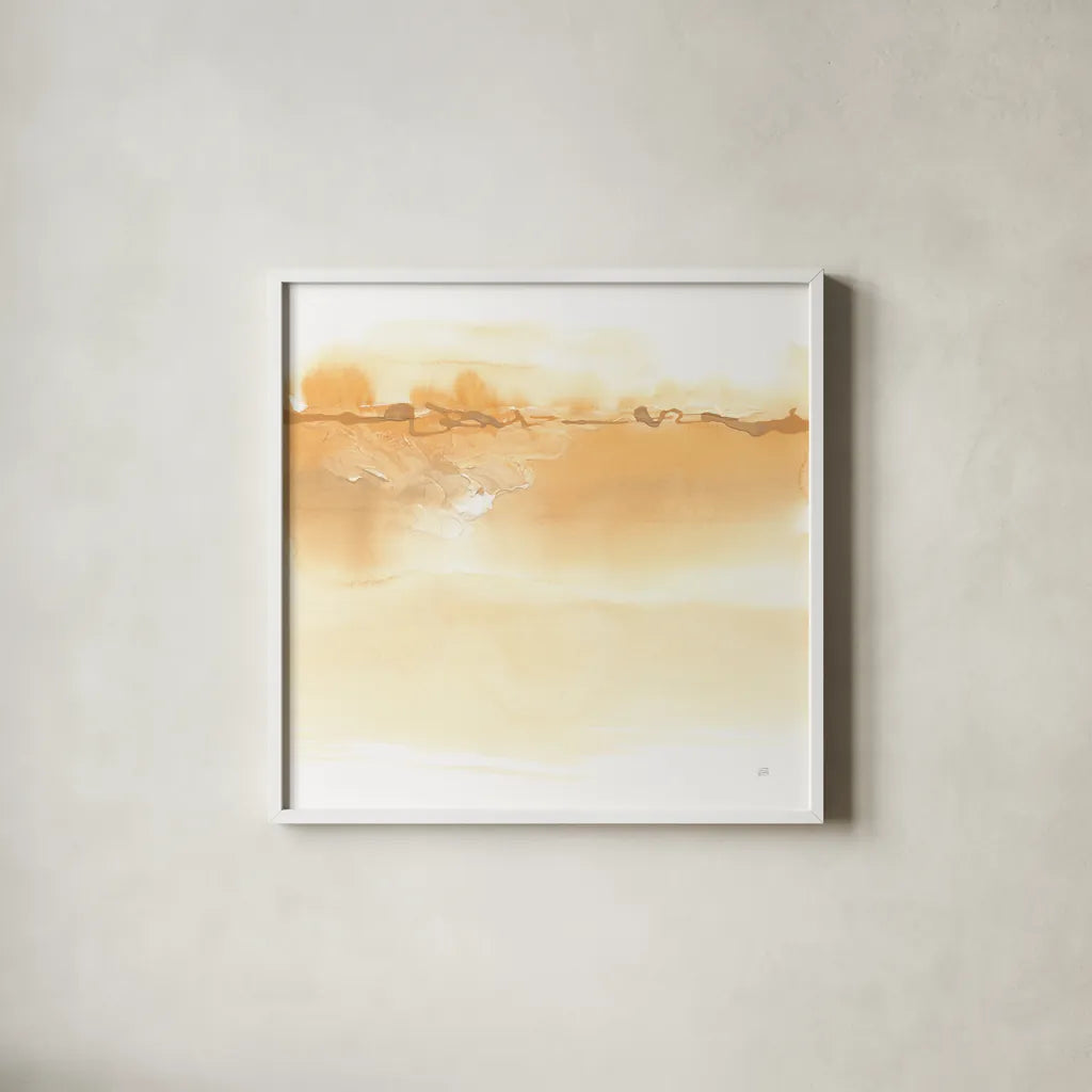 Neutral Turmeric I by Chris Paschke. Shown in a crisp white glass frame for a clean and minimalist style. Available as an archival giclee rolled canvas, fine art paper, or poster print. SKU 68157a.