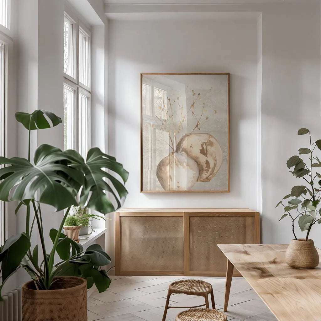Neutral Vase Branch by Chris Paschke. shown as a print in a natural wood frame in a dining room. Available as a archival giclee rolled canvas, fine art paper, or poster print. SKU 77428h.
