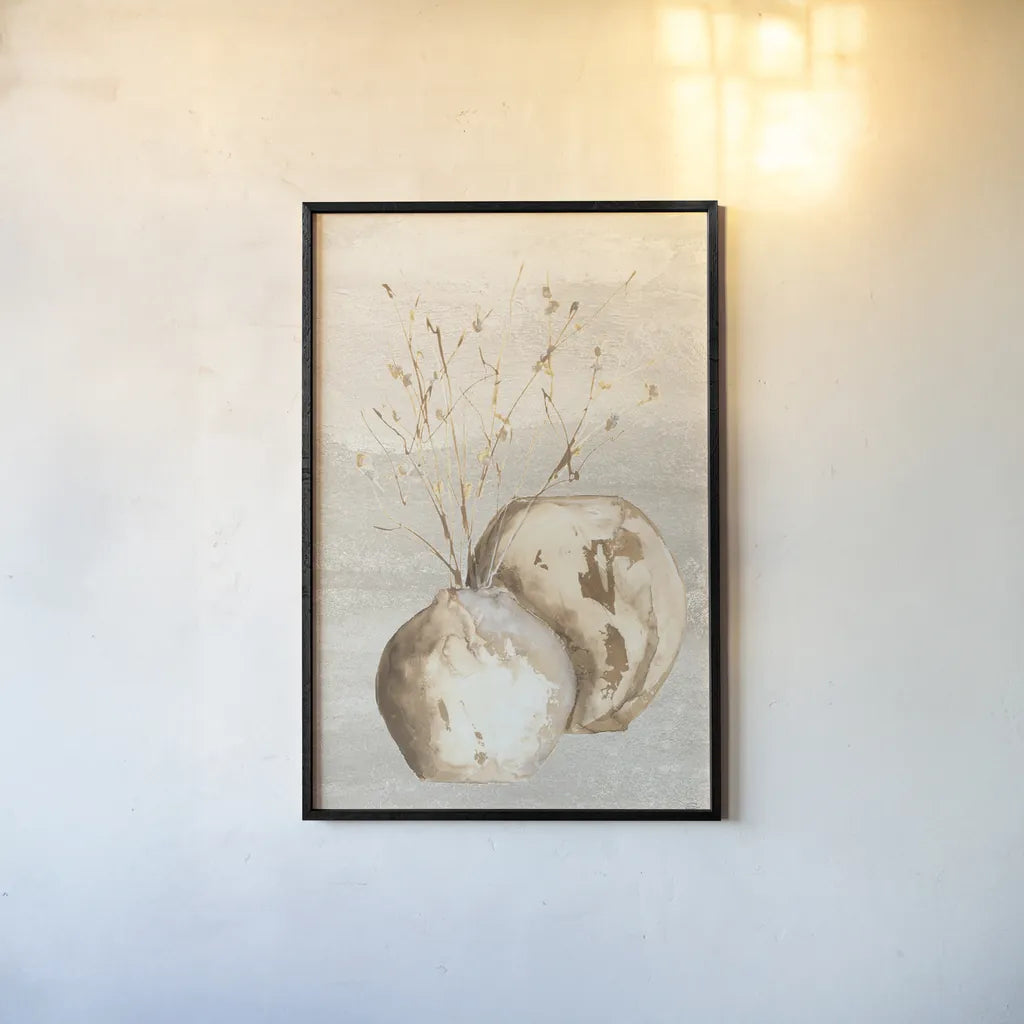 Neutral Vase Branch by Chris Paschke. shown as a paper print in a black flame. Available as a archival giclee rolled canvas, fine art paper, or poster print. SKU 77428h.