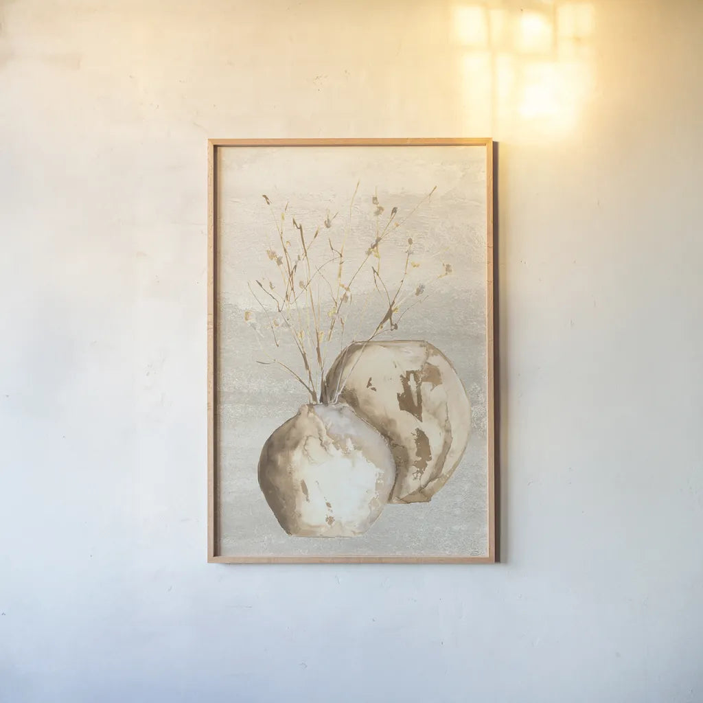 Neutral Vase Branch by Chris Paschke. shown as a paper print in a natural frame. Available as a archival giclee rolled canvas, fine art paper, or poster print. SKU 77428h.