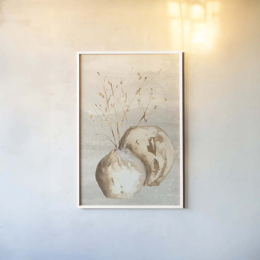 Neutral Vase Branch by Chris Paschke. shown as a paper print in a white frame. Available as a archival giclee rolled canvas, fine art paper, or poster print. SKU 77428h.