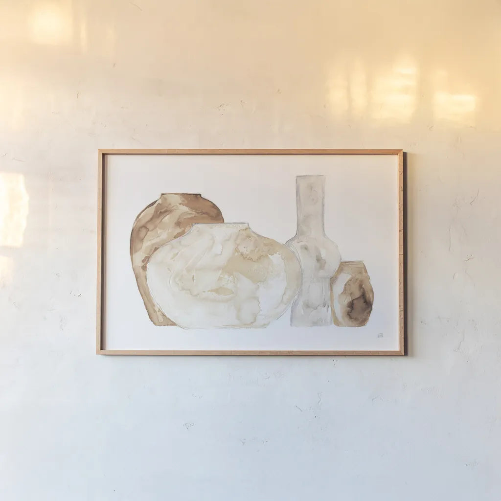 Neutral Vases I by Chris Paschke. shown as a paper print in a natural frame. Available as a archival giclee rolled canvas, fine art paper, or poster print. SKU 75662i.