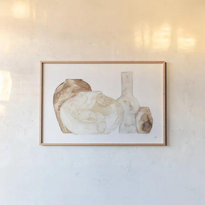 Neutral Vases I by Chris Paschke. shown as a paper print in a natural frame. Available as a archival giclee rolled canvas, fine art paper, or poster print. SKU 75662i.