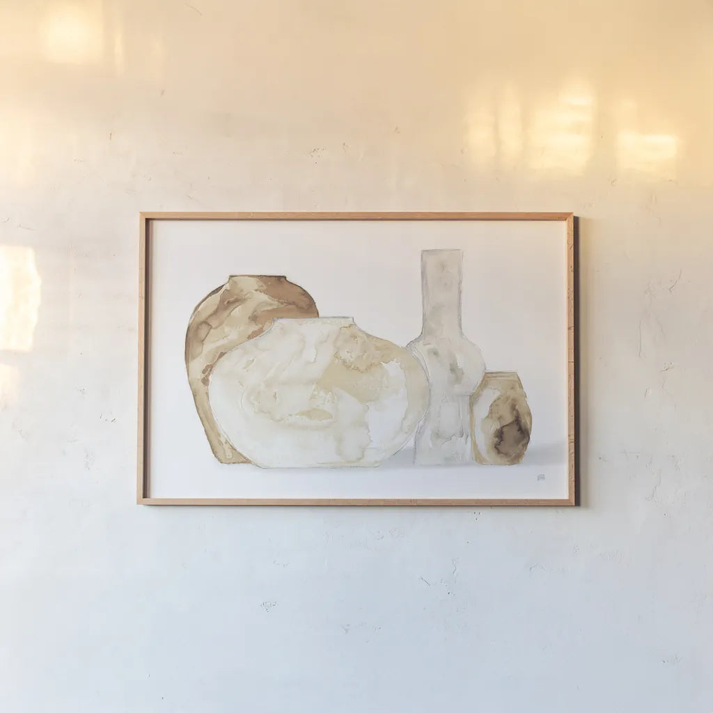 Neutral Vases I Shadow by Chris Paschke. shown as a paper print in a natural frame. Available as a archival giclee rolled canvas, fine art paper, or poster print. SKU 77364i.