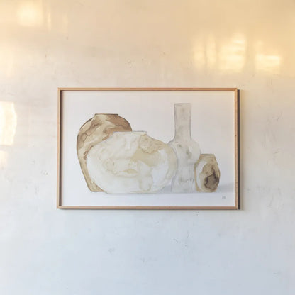 Neutral Vases I Shadow by Chris Paschke. shown as a paper print in a natural frame. Available as a archival giclee rolled canvas, fine art paper, or poster print. SKU 77364i.