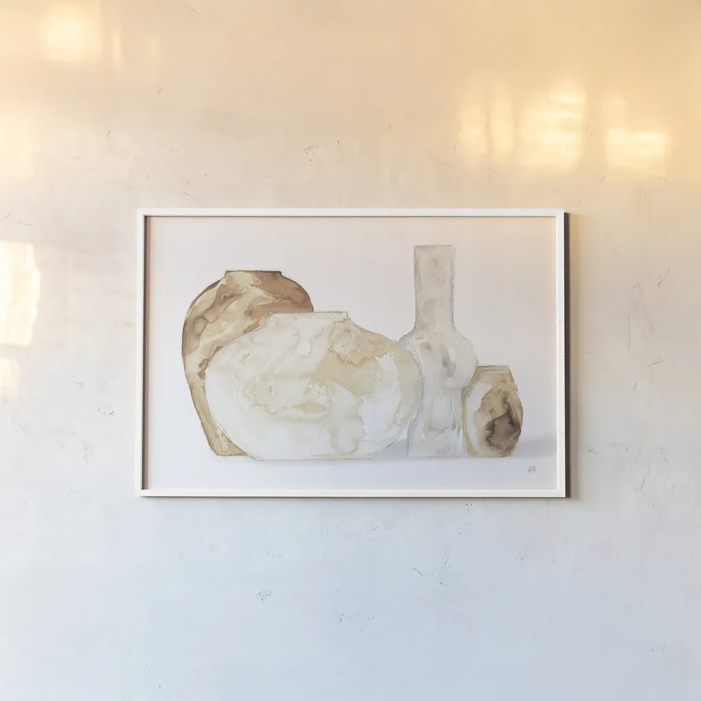 Neutral Vases I Shadow by Chris Paschke. shown as a paper print in a white frame. Available as a archival giclee rolled canvas, fine art paper, or poster print. SKU 77364i.