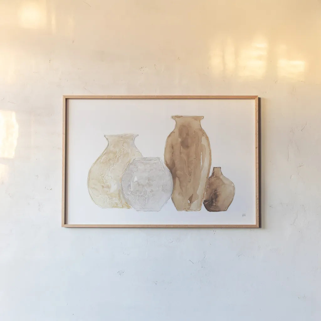 Neutral Vases III by Chris Paschke. shown as a paper print in a natural frame. Available as a archival giclee rolled canvas, fine art paper, or poster print. SKU 75664i.