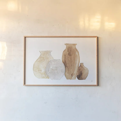 Neutral Vases III by Chris Paschke. shown as a paper print in a natural frame. Available as a archival giclee rolled canvas, fine art paper, or poster print. SKU 75664i.