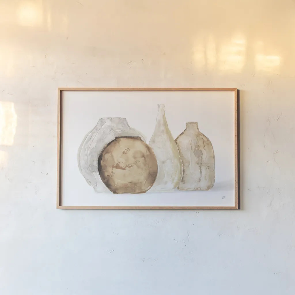 Neutral Vases IV Shadow by Chris Paschke. shown as a paper print in a natural frame. Available as a archival giclee rolled canvas, fine art paper, or poster print. SKU 77365i.