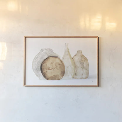 Neutral Vases IV Shadow by Chris Paschke. shown as a paper print in a natural frame. Available as a archival giclee rolled canvas, fine art paper, or poster print. SKU 77365i.