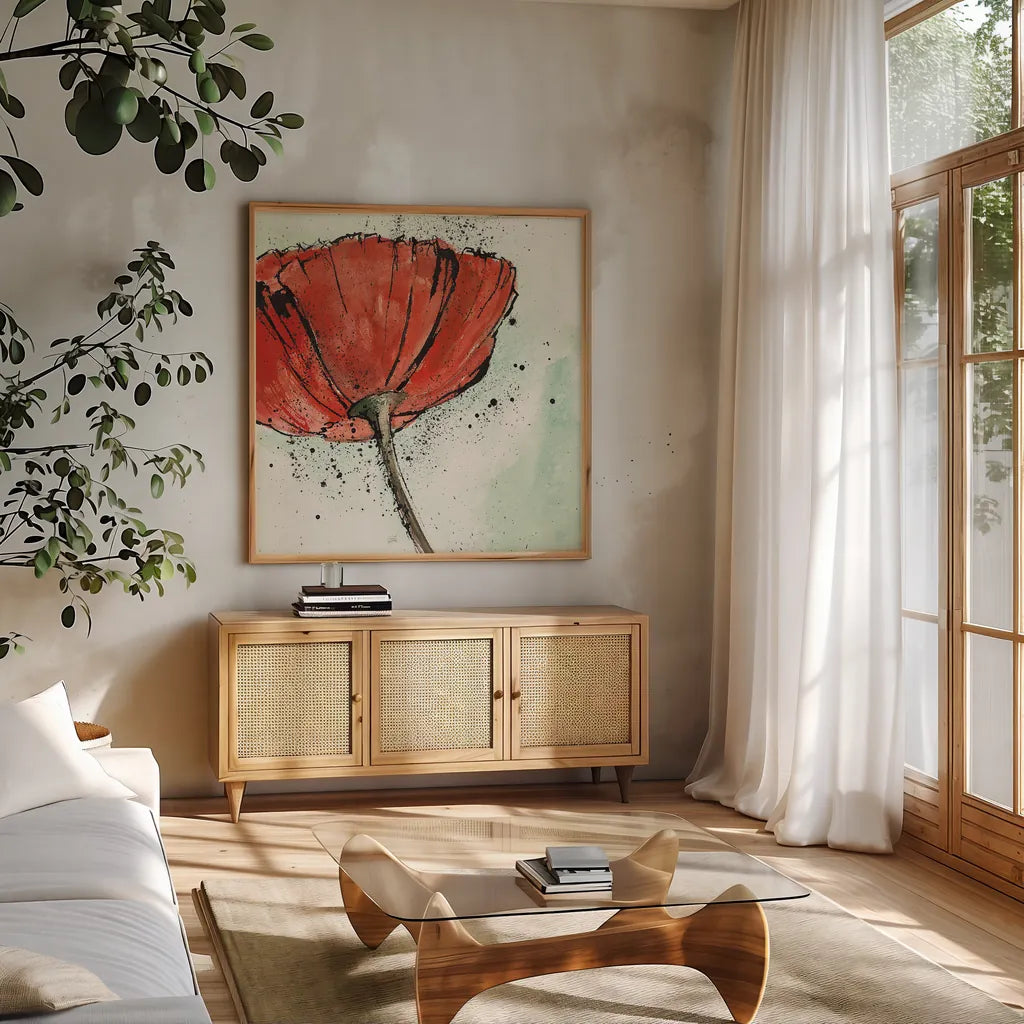 Not a California Poppy I by Chris Paschke. Shown in a natural wood frame in a cozy modern living room. Available as an archival giclee rolled canvas, fine art paper, or poster print. SKU 10142a.