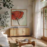 Not a California Poppy I by Chris Paschke. Shown in a natural wood frame in a cozy modern living room. Available as an archival giclee rolled canvas, fine art paper, or poster print. SKU 10142a.