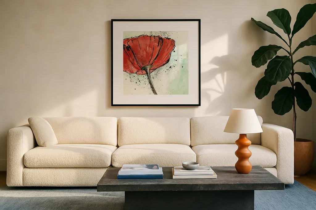 Not a California Poppy I by Chris Paschke. Displayed in a glass frame with matte in a clean modern living room. Available as an archival giclee rolled canvas, fine art paper, or poster print. SKU 10142a.