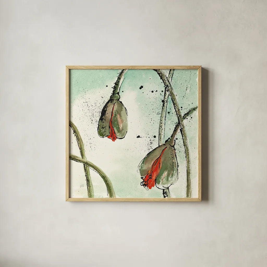 Not a California Poppy II by Chris Paschke. Shown in a natural wood glass frame for a timeless modern aesthetic. Available as an archival giclee rolled canvas, fine art paper, or poster print. SKU 10143a.