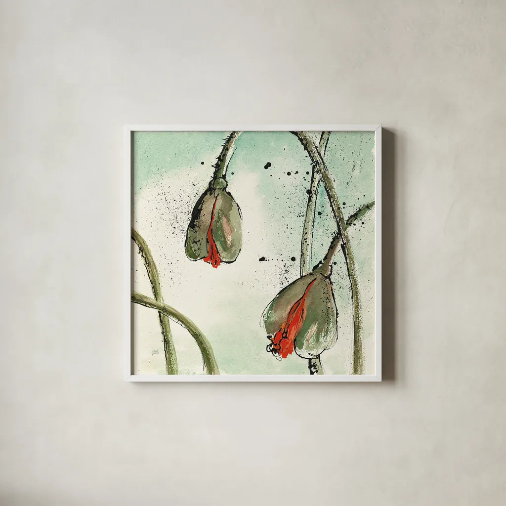 Not a California Poppy II by Chris Paschke. Shown in a crisp white glass frame for a clean and minimalist style. Available as an archival giclee rolled canvas, fine art paper, or poster print. SKU 10143a.