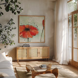 Not a California Poppy III by Chris Paschke. Shown in a natural wood frame in a cozy modern living room. Available as an archival giclee rolled canvas, fine art paper, or poster print. SKU 10144a.