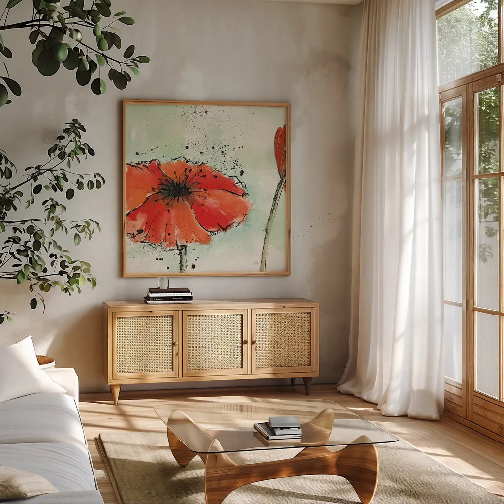 Not a California Poppy III by Chris Paschke. Shown in a natural wood frame in a cozy modern living room. Available as an archival giclee rolled canvas, fine art paper, or poster print. SKU 10144a.