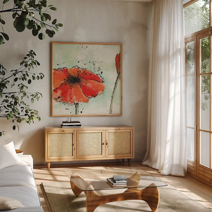 Not a California Poppy III by Chris Paschke. Shown in a natural wood frame in a cozy modern living room. Available as an archival giclee rolled canvas, fine art paper, or poster print. SKU 10144a.