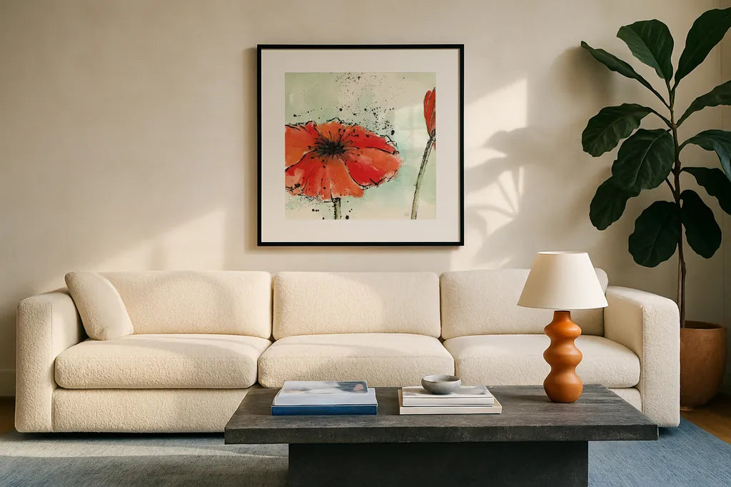 Not a California Poppy III by Chris Paschke. Displayed in a glass frame with matte in a clean modern living room. Available as an archival giclee rolled canvas, fine art paper, or poster print. SKU 10144a.