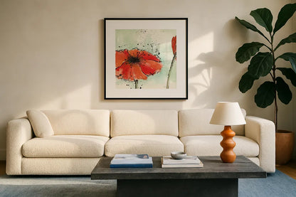 Not a California Poppy III by Chris Paschke. Displayed in a glass frame with matte in a clean modern living room. Available as an archival giclee rolled canvas, fine art paper, or poster print. SKU 10144a.
