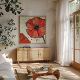 Not a California Poppy IV by Chris Paschke. Shown in a natural wood frame in a cozy modern living room. Available as an archival giclee rolled canvas, fine art paper, or poster print. SKU 10145a.