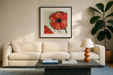 Not a California Poppy IV by Chris Paschke. Displayed in a glass frame with matte in a clean modern living room. Available as an archival giclee rolled canvas, fine art paper, or poster print. SKU 10145a.