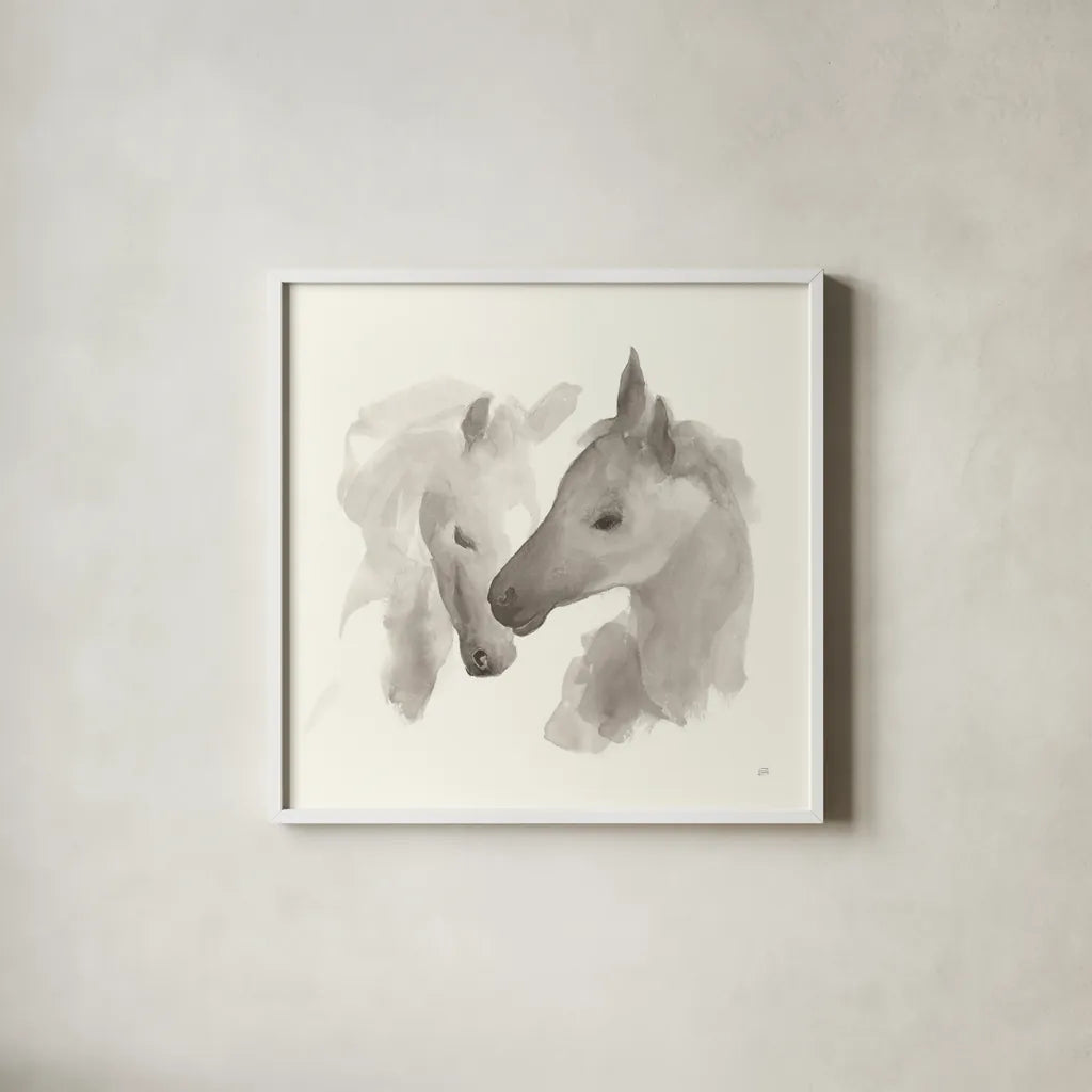 Nuzzling I by Chris Paschke. Shown in a crisp white glass frame for a clean and minimalist style. Available as an archival giclee rolled canvas, fine art paper, or poster print. SKU 62502a.