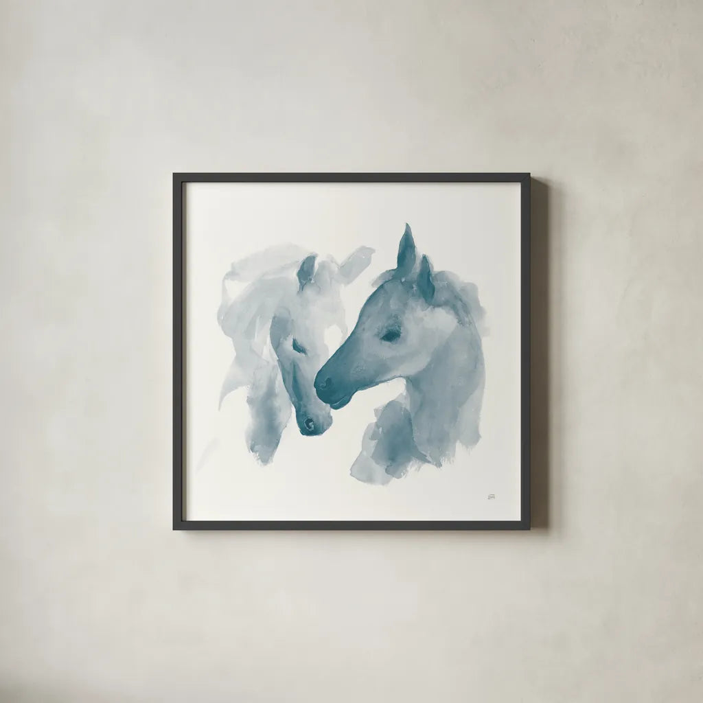 Nuzzling I Blue by Chris Paschke. Shown in a sleek black glass frame for a contemporary gallery look. Available as an archival giclee rolled canvas, fine art paper, or poster print. SKU 63073a.