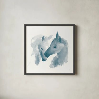 Nuzzling I Blue by Chris Paschke. Shown in a sleek black glass frame for a contemporary gallery look. Available as an archival giclee rolled canvas, fine art paper, or poster print. SKU 63073a.