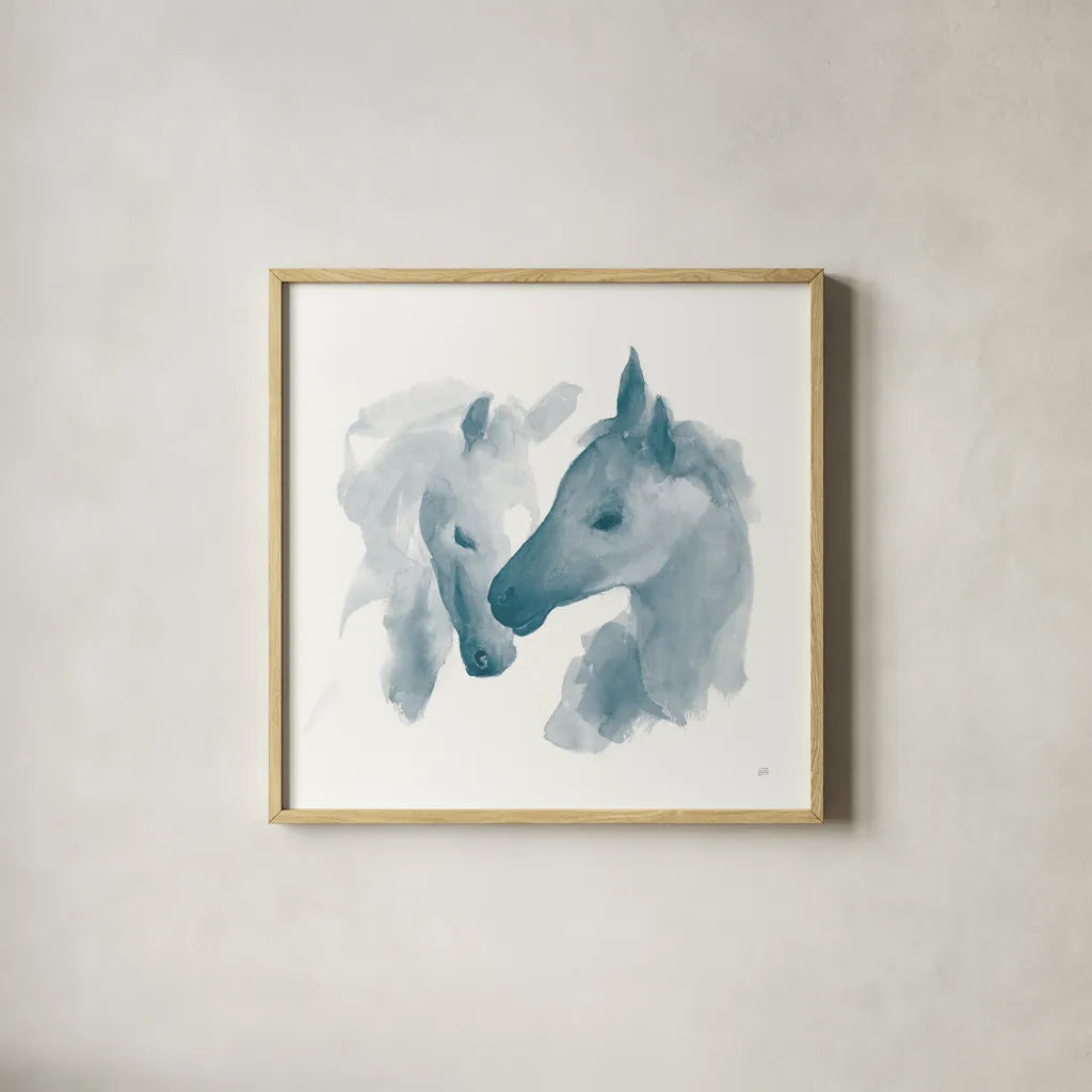 Nuzzling I Blue by Chris Paschke. Shown in a natural wood glass frame for a timeless modern aesthetic. Available as an archival giclee rolled canvas, fine art paper, or poster print. SKU 63073a.