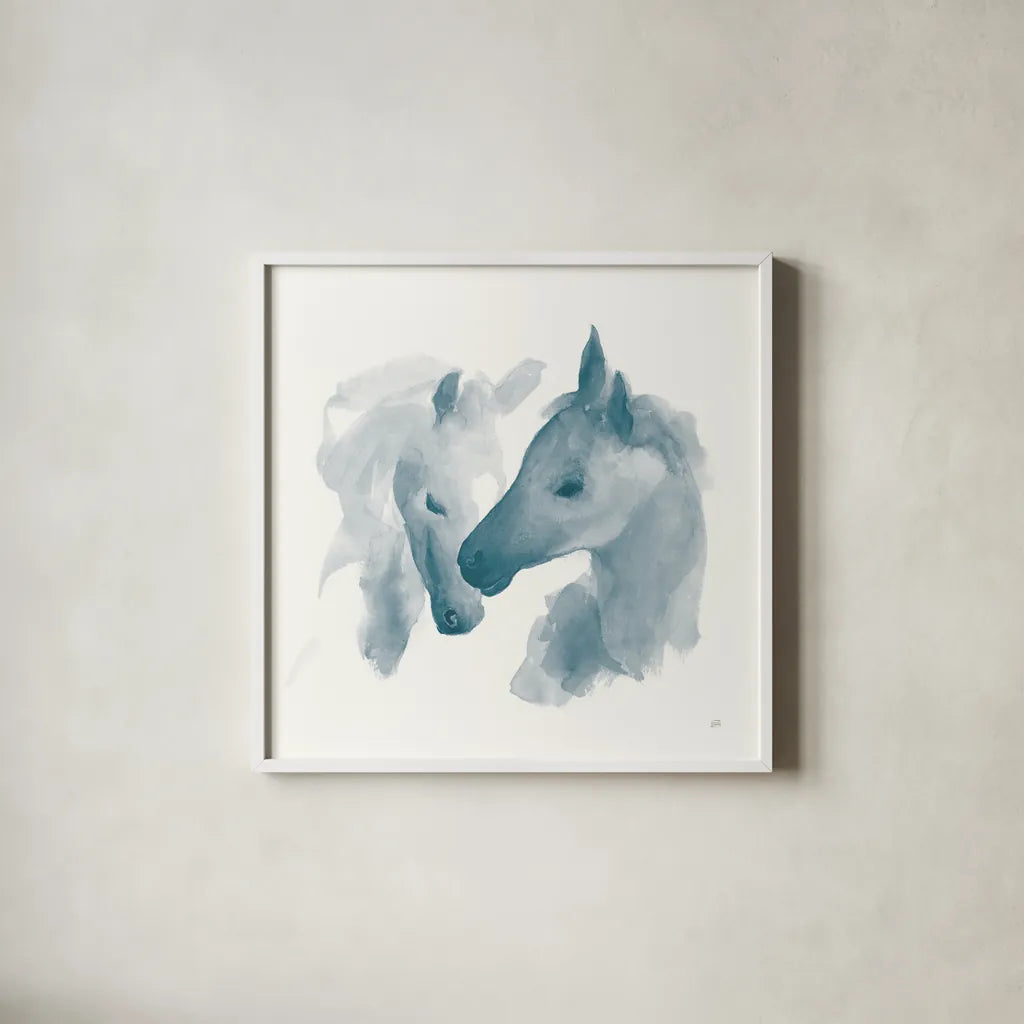 Nuzzling I Blue by Chris Paschke. Shown in a crisp white glass frame for a clean and minimalist style. Available as an archival giclee rolled canvas, fine art paper, or poster print. SKU 63073a.
