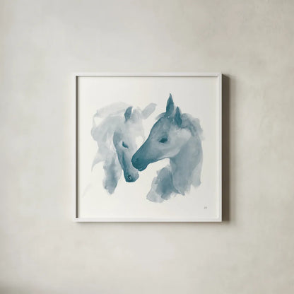 Nuzzling I Blue by Chris Paschke. Shown in a crisp white glass frame for a clean and minimalist style. Available as an archival giclee rolled canvas, fine art paper, or poster print. SKU 63073a.
