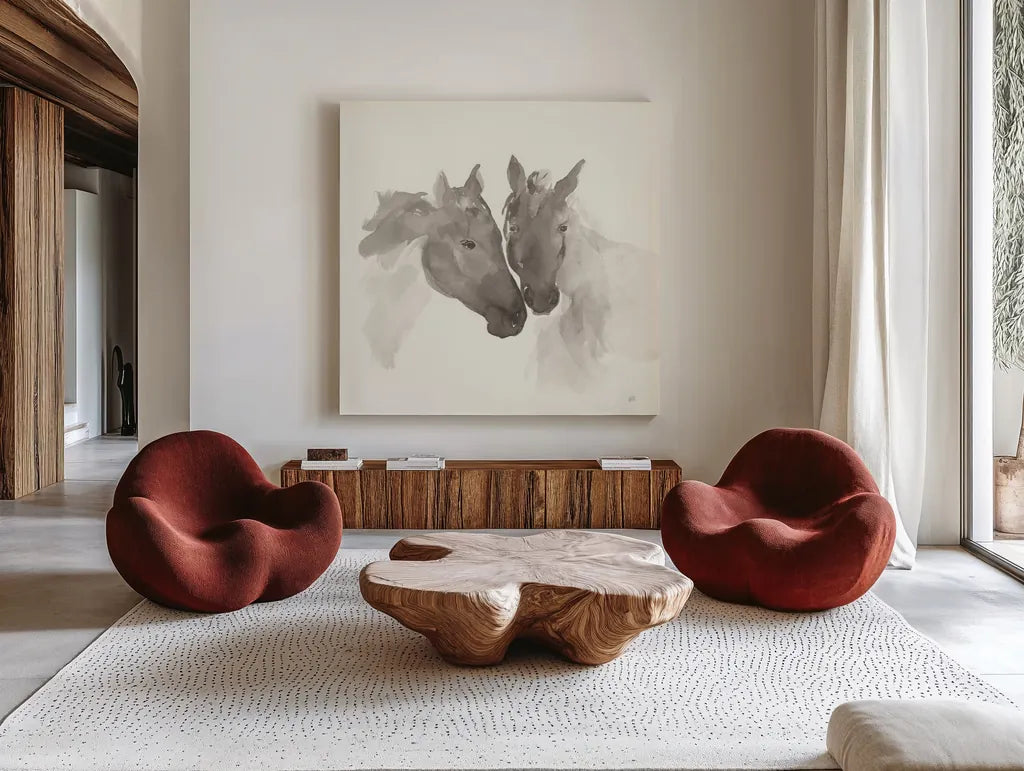 Nuzzling II by Chris Paschke. Shown as extra-large giant wall art in a modern living room. Available as an archival giclee rolled canvas, fine art paper, or poster print. SKU 62503a.