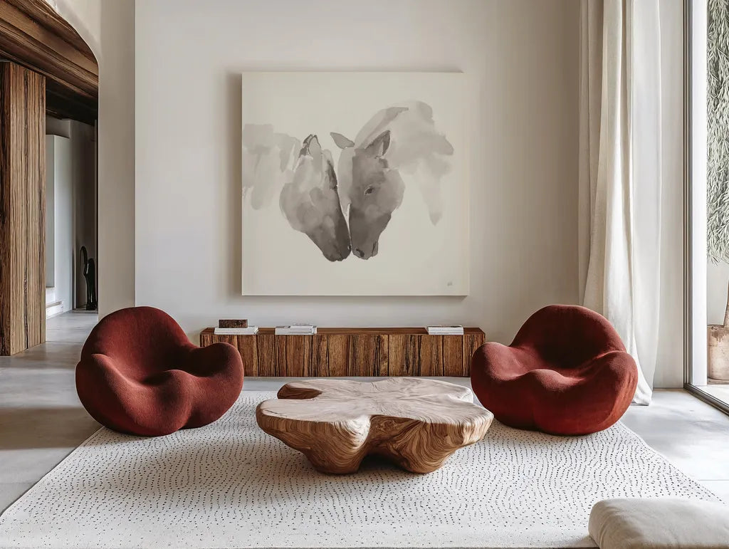 Nuzzling III by Chris Paschke. Shown as extra-large giant wall art in a modern living room. Available as an archival giclee rolled canvas, fine art paper, or poster print. SKU 62504a.