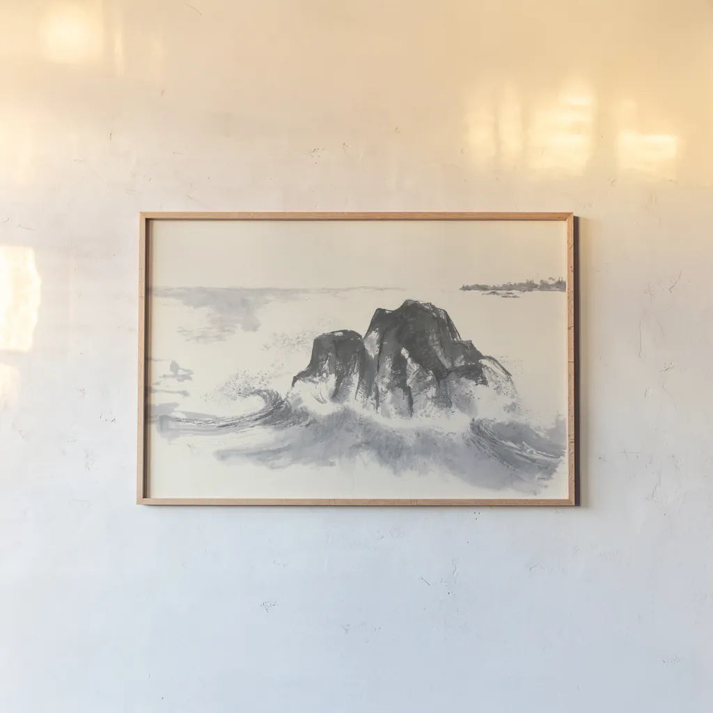 Ocean Waves by Chris Paschke. shown as a paper print in a natural frame. Available as a archival giclee rolled canvas, fine art paper, or poster print. SKU 44973i.